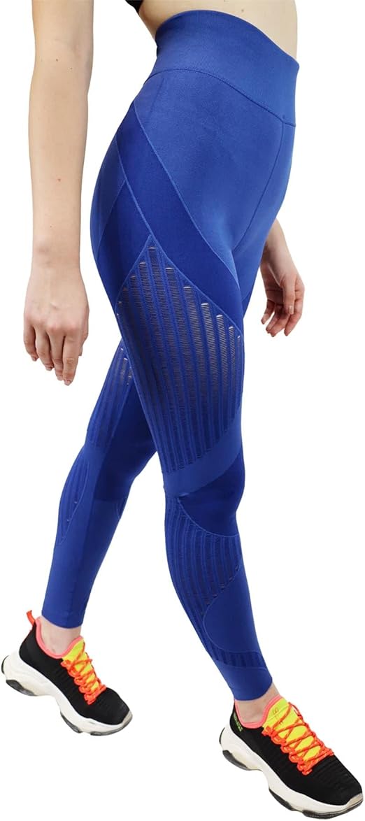 Fitto Mesh Panel Leggings - High Waisted Workout Gym Yoga Pants for Women (Medium, Blue)