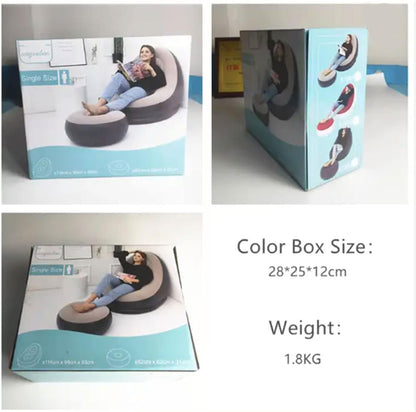 Thickened Flocking Inflatable Sofa & Footstool Set – Portable Lazy Sofa Bed with Air Cushion Recliner, Foldable PVC Material, Brown, Maximum Load 100kg