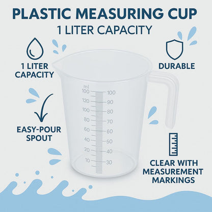 Plastic Measuring Cup, 1 Liter Capacity, Durable, Easy-Pour Spout, Clear with Measurement Markings