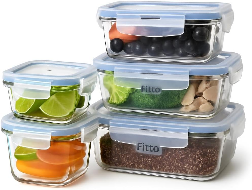 60 Pieces Glass Storage Food Container Set - 5 Pieces Rectangular & Square (380mls (620ml – 980ml))