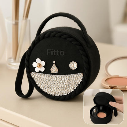 Small Round Wool Makeup Bag with Handle - Black Portable Travel Makeup Organizer