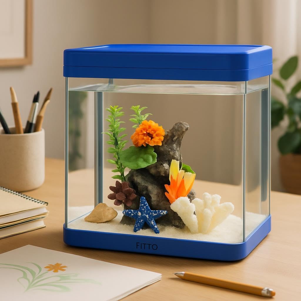 48 Pieces Aquarium -s (8 Litre Capacity – 24 x 17 x 28.5 cm – Full Set Table Top Fish Tank with Energy-Saving Colorful LED Light – Top Water Filter – Air Blower – and Feeding Hole – Perfect for Small Fish – Shrimp – and Aquatic Decor in Home or Office)