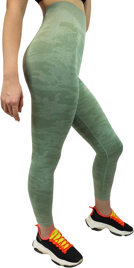 Fitto Seamless Camo Leggings - High Waisted Workout Gym Yoga Camouflage Pants for Women (Medium, Green)