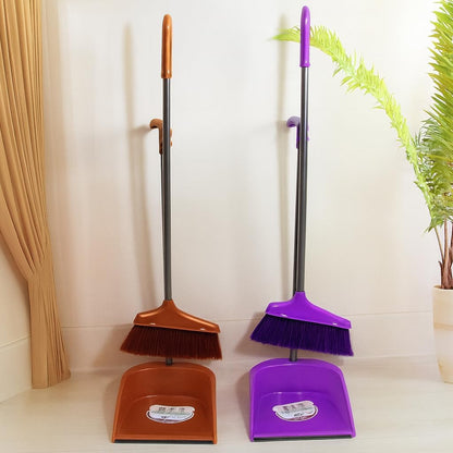 Broom and Dustpan Set - Heavy Duty Metal Handle, Upright Stand, Long Handle for Easy Sweeping, Compact Design for Home, Office, and Kitchen, Indoor & Outdoor Cleaning Supplies ( Beige )