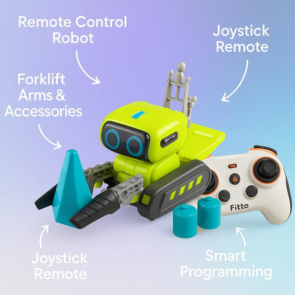 Interactive Remote Control Forklift Robot Toy for Kids - Cute Design with Joystick Remote, Cube & Cone Accessories for Fun and Learning