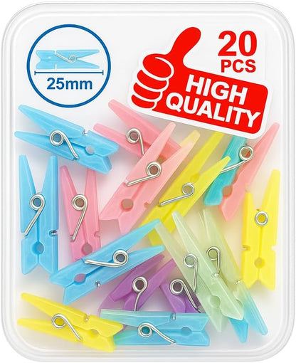 20-Pack 25mm Spring Cloth Pins - Assorted Color Laundry Clips