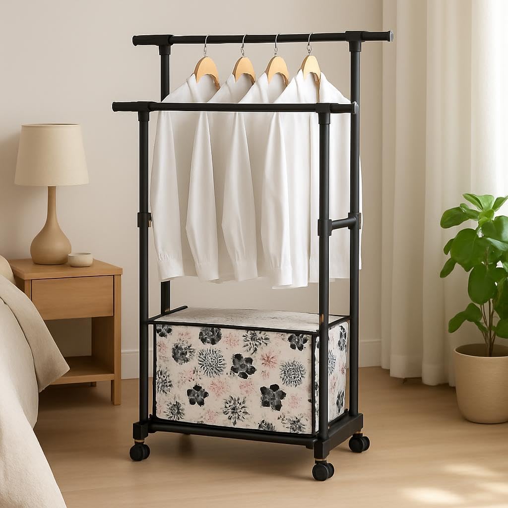 Double Layer Cloth Rack - Black, Space-Saving Design for Home & Office