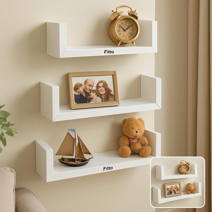 C-Shape Wall Shelves Set of 3, White Square Edge Floating Shelves