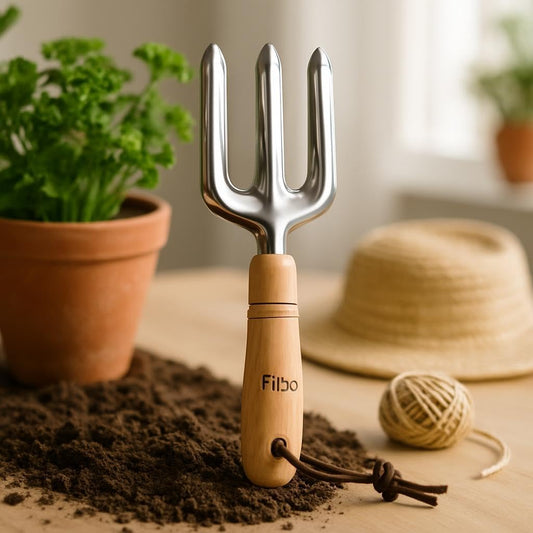 Three-Pronged Garden Cultivator with Wooden Handle and Leather Strap