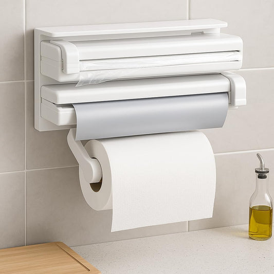 3 in 1 Aluminium Triple Dispenser with Spice Rack for Kitchen Roll Tissue - White