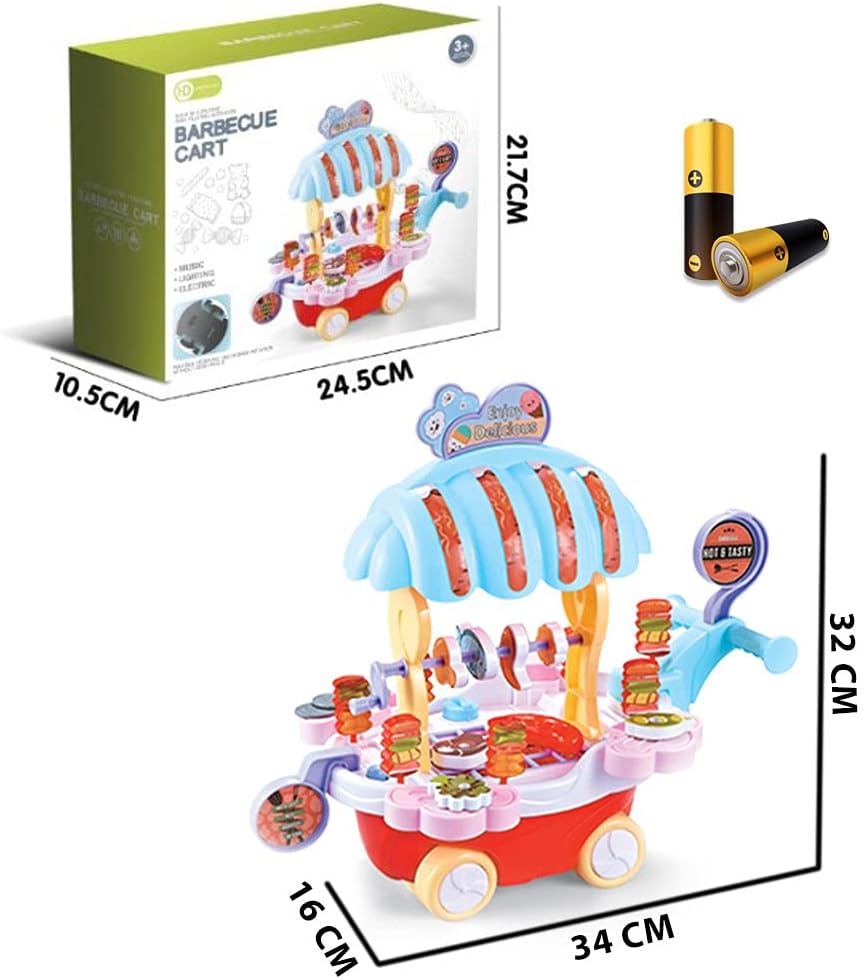 72 Pieces BBQ music trolley food trucks for kids with rotating wheels red base & blue Umbrella roof truck (pretend play toys for girls educational food truck with Music & Lighting toy for boys & girls)