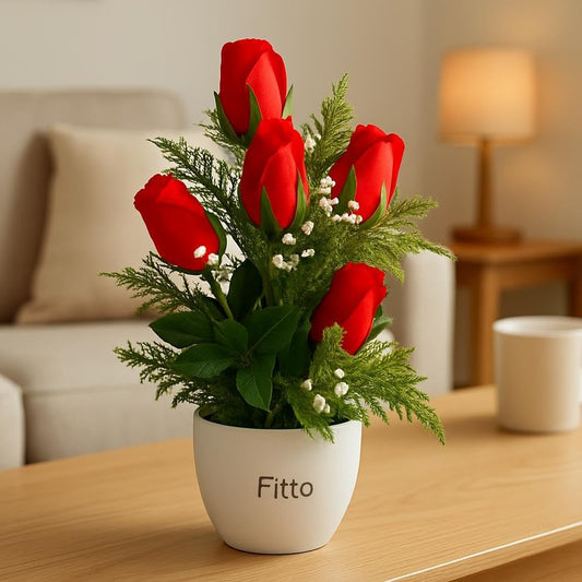 Artificial Red Rose Arrangement in White Pot with Green Foliage