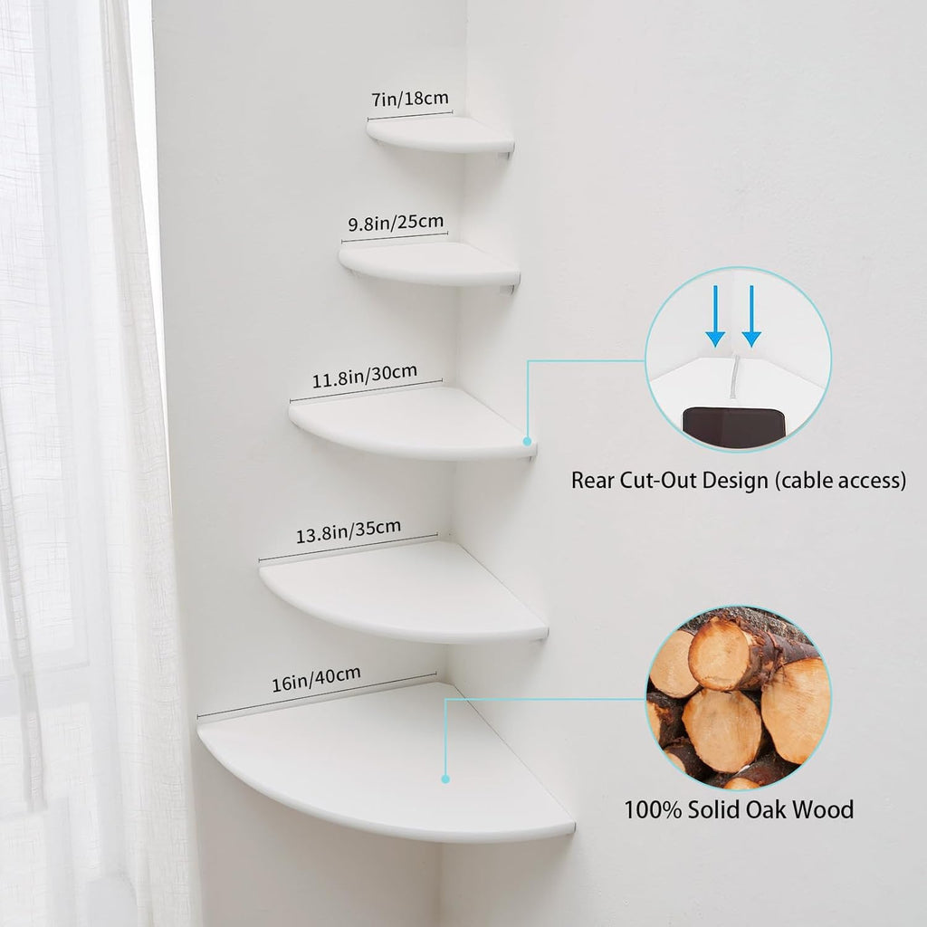 96 Pieces 12-Inch White Corner Floating Shelves (Wall-Mounted with Natural Oak Wood – Space-Saving Round End Design for Bedroom – Kitchen – and Living Room Storage)