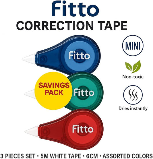 Correction Tape 3 Pieces Set - 5m White Tape, 6cm Assorted Colors