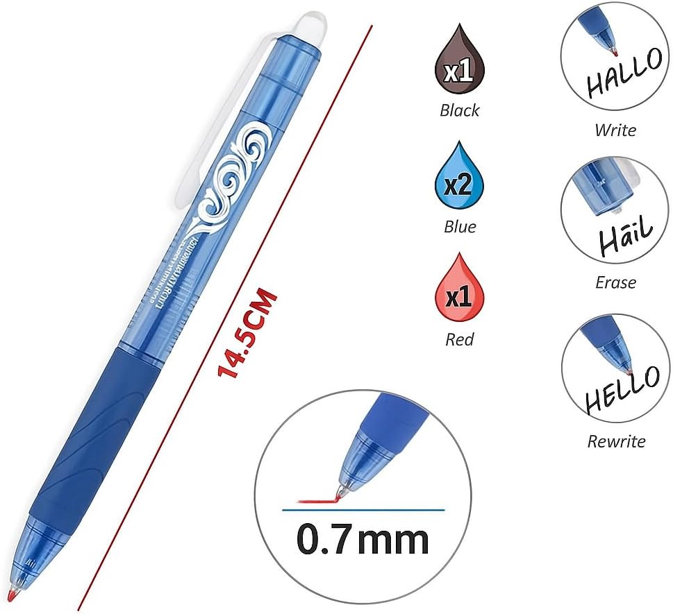 4 Pieces 0.7mm Erasable Ball Point Pens, 14.5cm, Fine Tip Ink for Writing