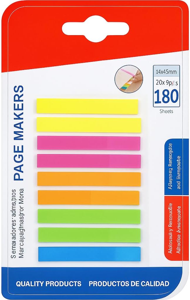 144 Pieces Page Markers (6x45mm – 180 Sheets – 20x9PCS – Sticky Index Tabs for Organizing and Marking)