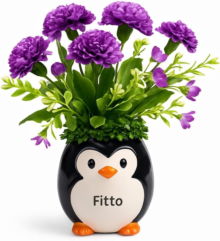 Penguin Flower Pot with Vibrant Artificial Flowers and Green Foliage