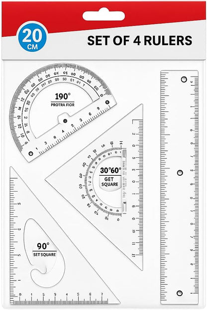 Set of 4 Rulers - 20cm Scale, Protractor, Triangle, Ruler for School and Office Supplies