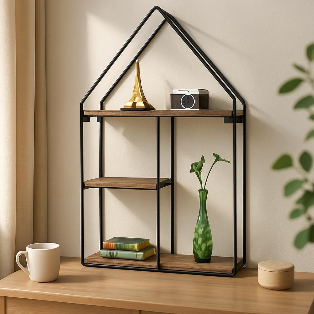 Metal Wire House Shaped Wall Display Shelf for Home Decor