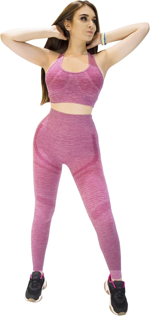 Fitto 2 Pieces Focus Set - High Waisted Leggings with Sports Round neck Bra Shoulder Strap Bra Workout Gym Yoga Sleeveless Outfit for Women (Medium, Pink)