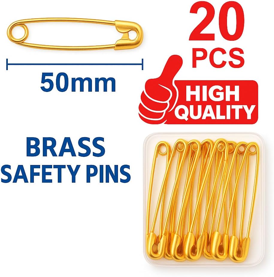 144 Pieces 20 Pieces Brass Safety Pins (50mm - Durable Fastening Pins for Clothing & Crafts)