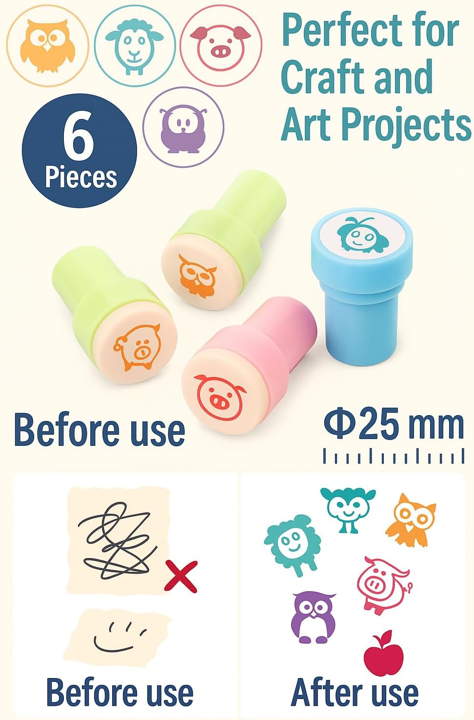 120 Pieces 6 Assorted Animal Stamps (25mm for Craft and Art Projects)