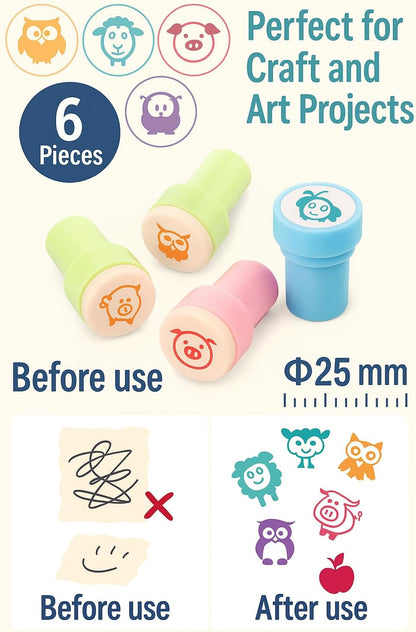 6 Assorted Animal Stamps 25mm for Craft and Art Projects