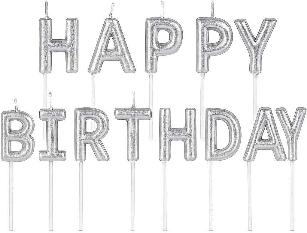 120 Pieces Silver Happy Birthday Candle Cake Toppers with glitters (Birthday Party Decoration – Cake Candle Holder – Silver Cake Accent)