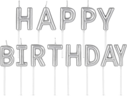 Silver Happy Birthday Candle Cake Topper with glitters– Birthday Party Decoration, Cake Candle Holder, Silver Cake Accent