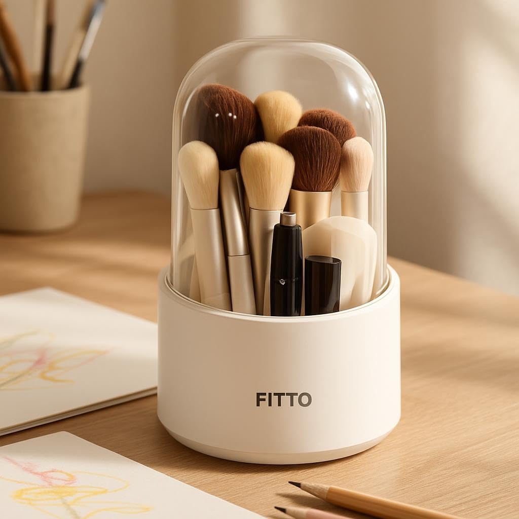 Rotating Makeup Brush Holder with Lid, Dustproof Cosmetic Brush Storage Organizer, Rotatable 360° Design for Easy Access, Premium Acrylic Material for Vanity, Bathroom, and Desk Storage
