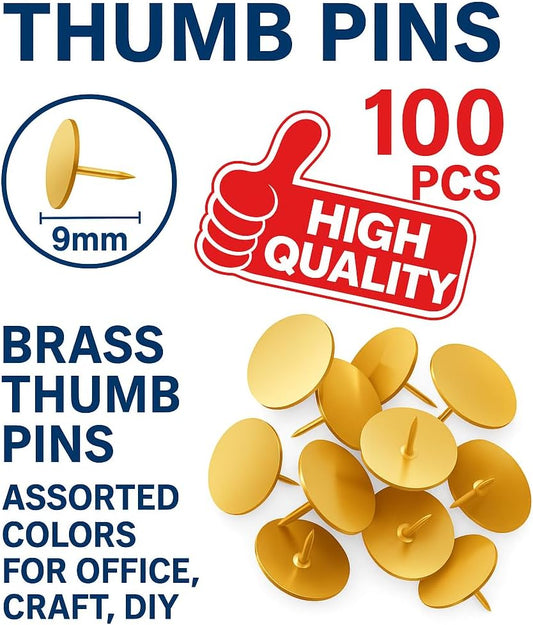 100 Pieces Brass Thumb Pins Assorted Colors for Office, Craft, DIY