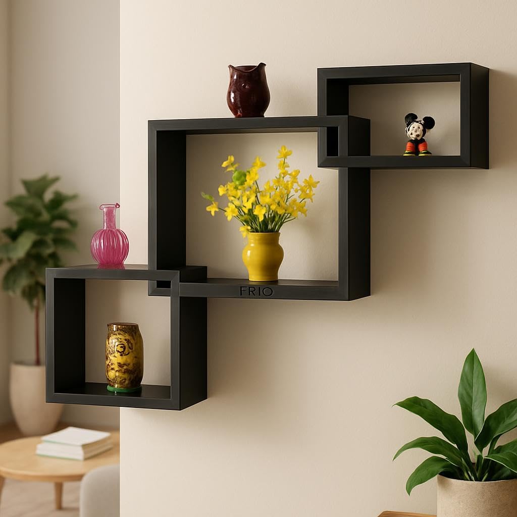 Interlocked Black Cuboid Wall Shelves Set of 3 for Home Decor