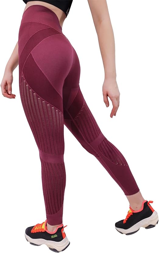 Fitto Mesh Panel Leggings - High Waisted Workout Gym Yoga Pants for Women (Medium, Maroon)