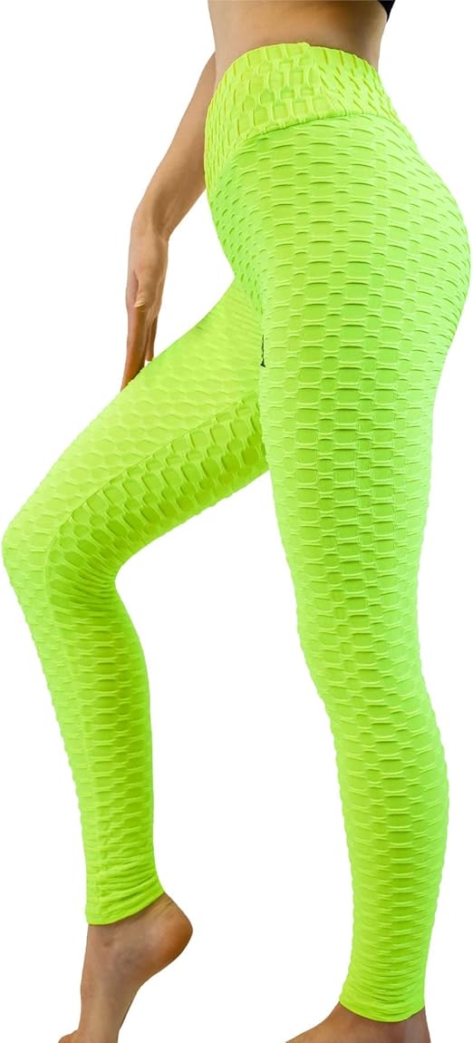 Fitto Greek Patterned Leggings - High Waisted Workout Gym Yoga Bubble Texture Neon Pant for Women (Medium, Green)