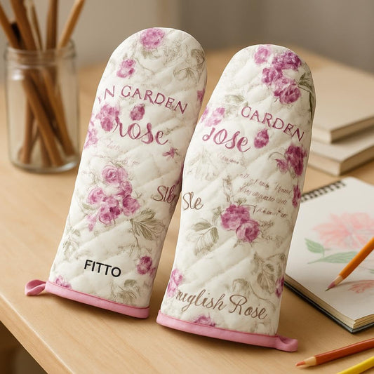 500°F Heat Resistant Silicone Oven Mitts, Non-Slip Grip, Waterproof, Soft Cotton Lining, Durable Kitchen Gloves for Cooking, Baking, Grilling – Elegant Floral Design, 2-Piece Set (7x10.2)