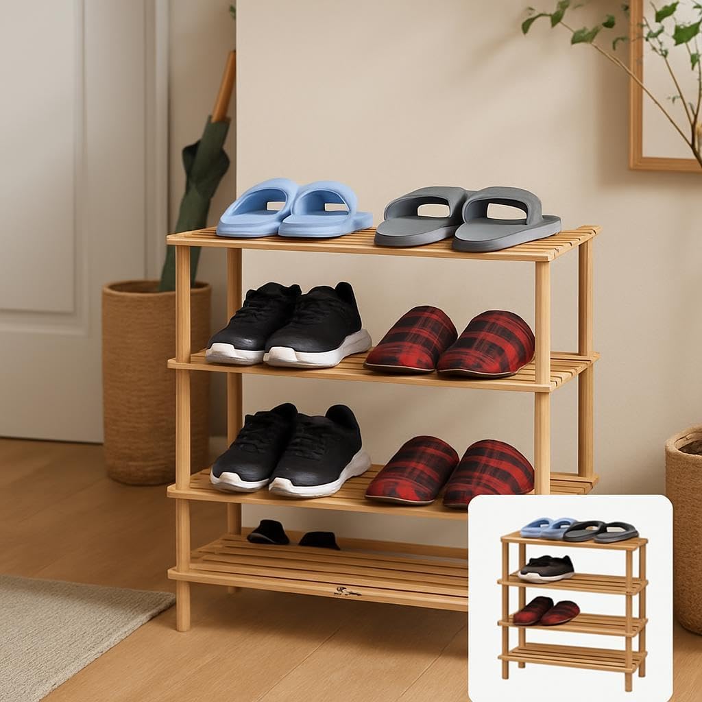 Wooden Shoe Rack 4 Tier, Natural Wood Color, 63x26x67cm