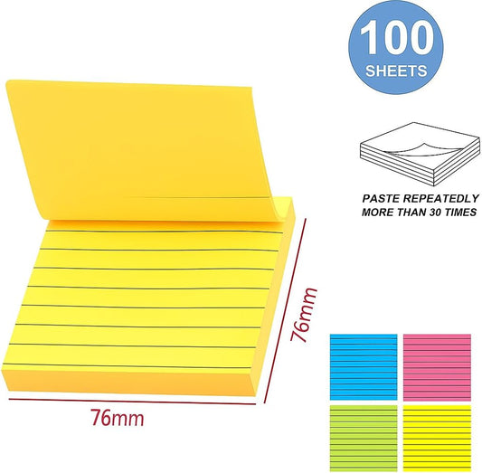Sticky Notes 100 Sheets 76mm x 76mm Assorted Colors, Lined, Self-Adhesive, Office Supplies