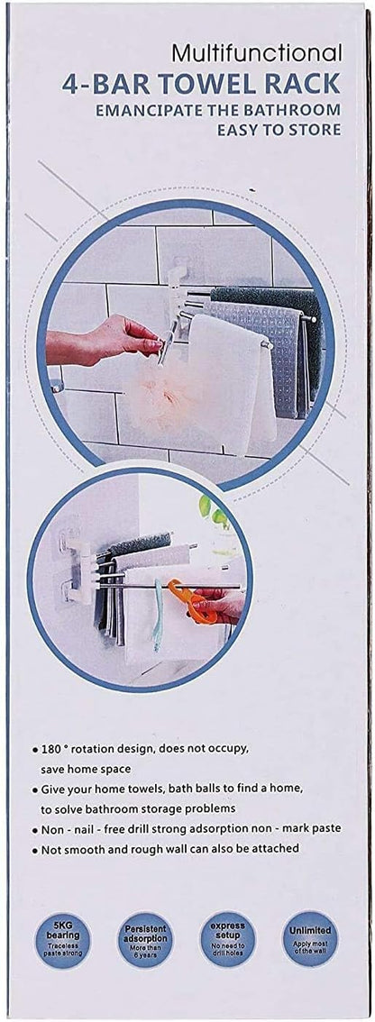 Stainless Steel Self-Adhesive 4-Arm Swing Towel Rack – Rotating Wall-Mounted Towel Holder for Bathroom, Kitchen & Wash Basin