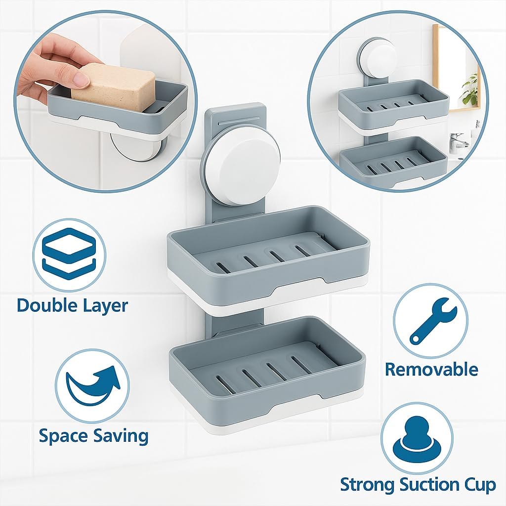 Double Soap Holder with Suction Cup, Double Layer, Removable, Space Saving, Strong Soap Holder