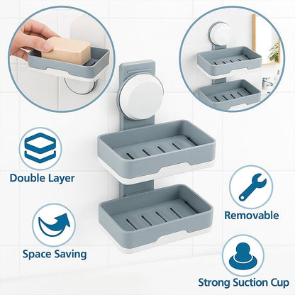 Double Soap Holder with Suction Cup, Double Layer, Removable, Space Saving, Strong Soap Holder