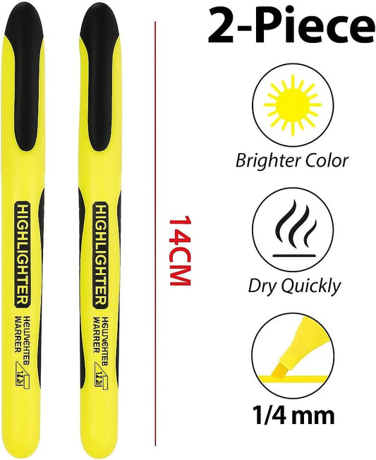 2-Piece Yellow 1/4mm Highlighter Set, 14cm for School & Office