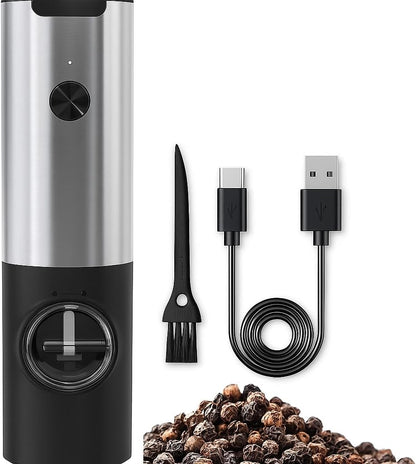 Electric Salt and Pepper Mill Set, USB Rechargeable, with LED Light, Adjustable Grit Grinder, Stainless Steel, Includes Brush