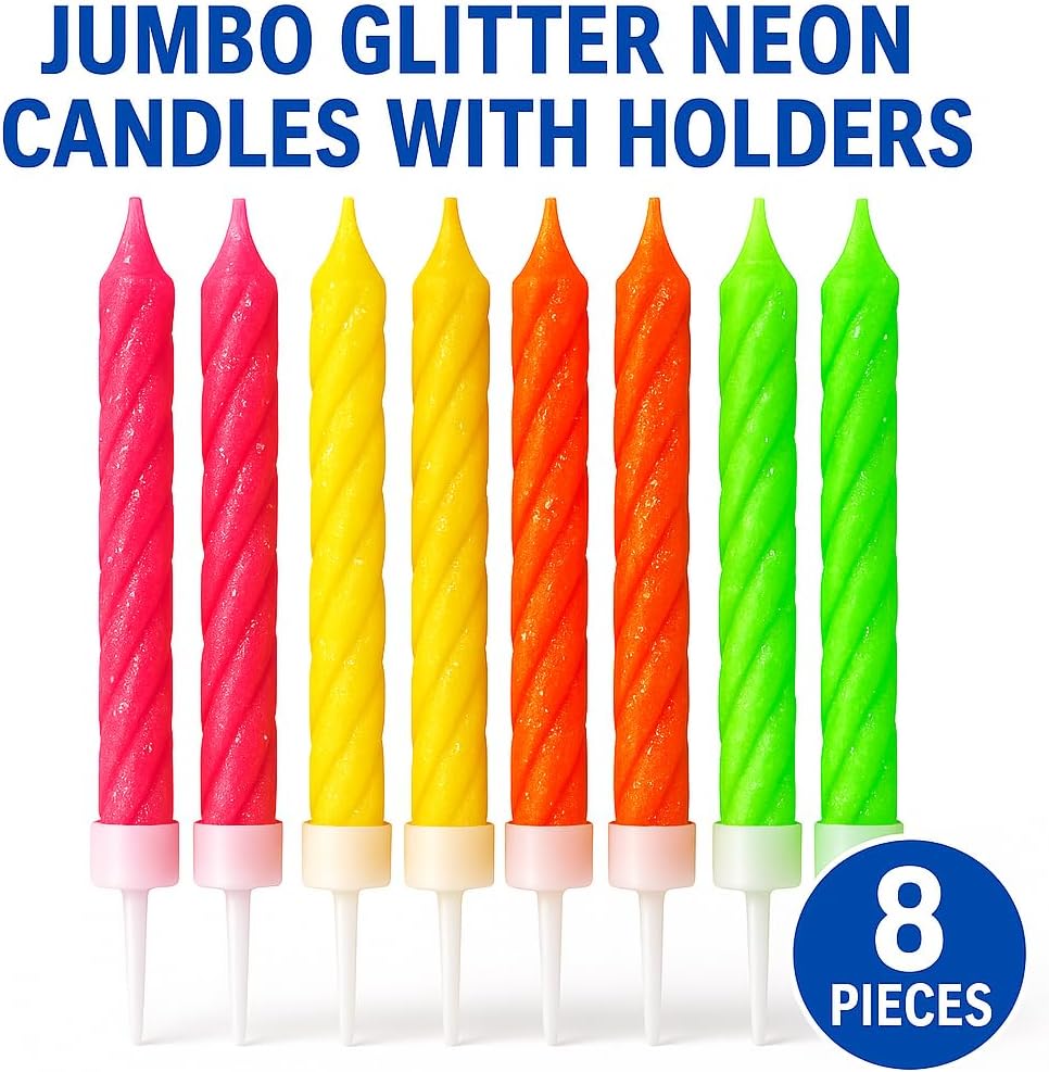 Party Magic 8 Jumbo Glitter Candles – Birthday Party Decor, Sparkling Event Candles, Glitter Celebration Candles