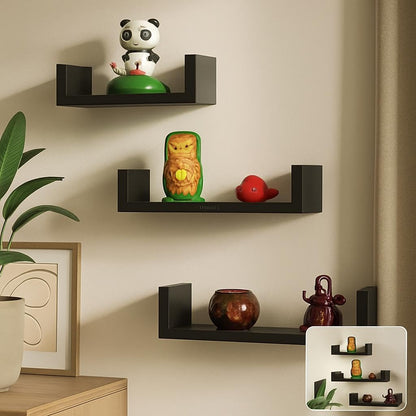 C-Shape Wall Shelves Set of 3, Black Square Edge Floating Shelves