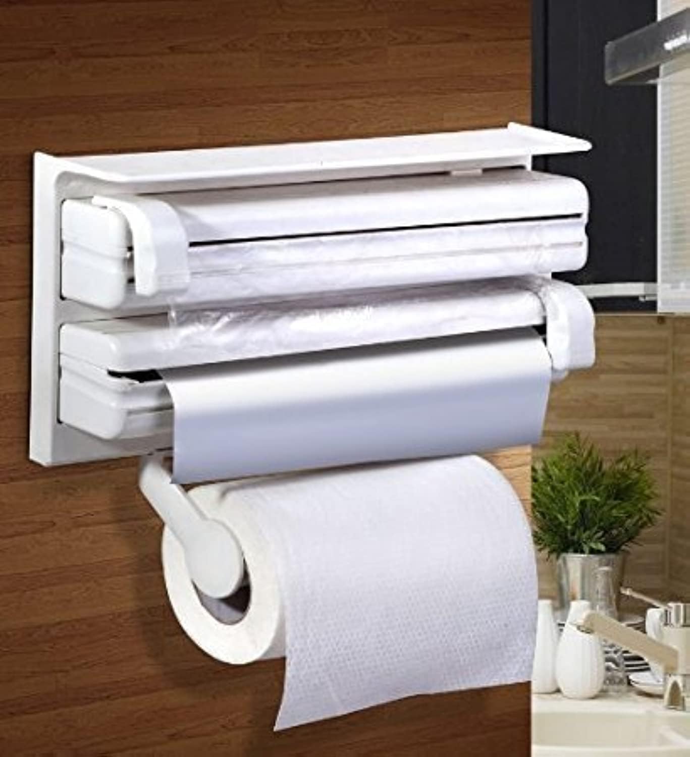 3 in 1 Aluminium Triple Dispenser with Spice Rack for Kitchen Roll Tissue - White