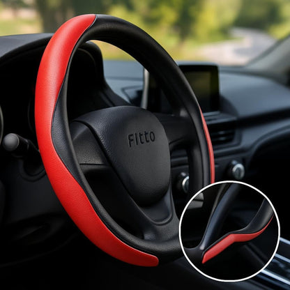 Sporty Half Steering Wheel Cover – Rubber, Non-Slip, Breathable & Odorless, Universal Fit, Plain Black (Set of 2 Pieces) - Red