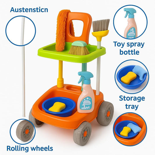 Kids Pretend Play Cleaning Set - Housekeeping Simulation Toy With Cleaning Cart, Robot Vacuum Cleaner, Broom, Dustpan, Brush, And Accessories