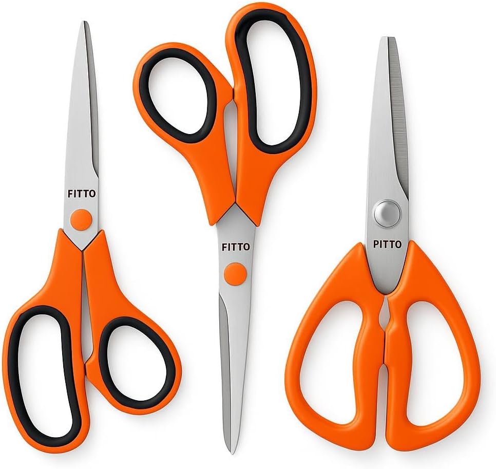 3-Piece All-Purpose Scissors Set – Includes 2 Comfort-Grip 8" Scissors for Office & Home Use + 1 Kitchen Scissor for Food Prep – Durable, Sharp, Right/Left-Handed – Orange