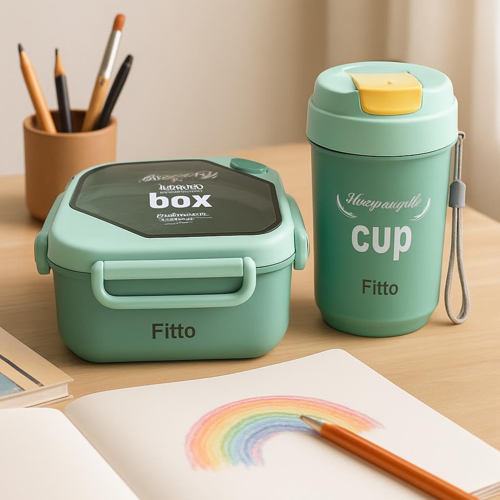 Lunch Box with Bottle Set Blue Yellow – Kids School Lunch Container with Drink Bottle