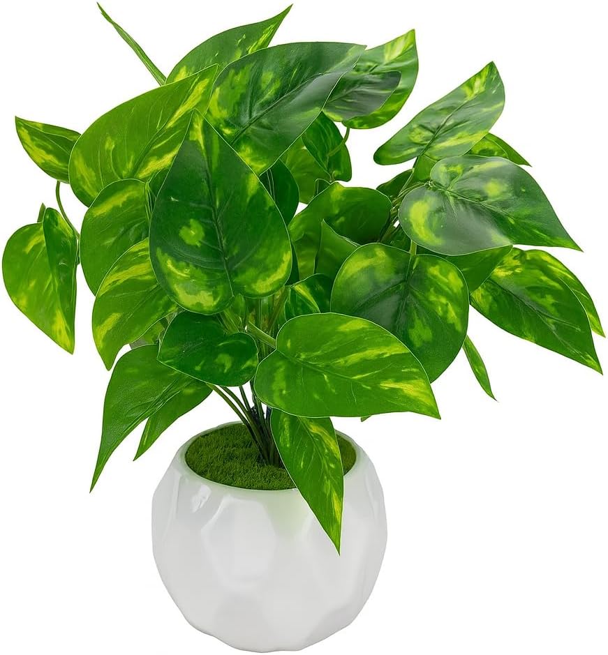 Artificial Potted Pothos Plant in Geometric White Pot for Indoor Decor